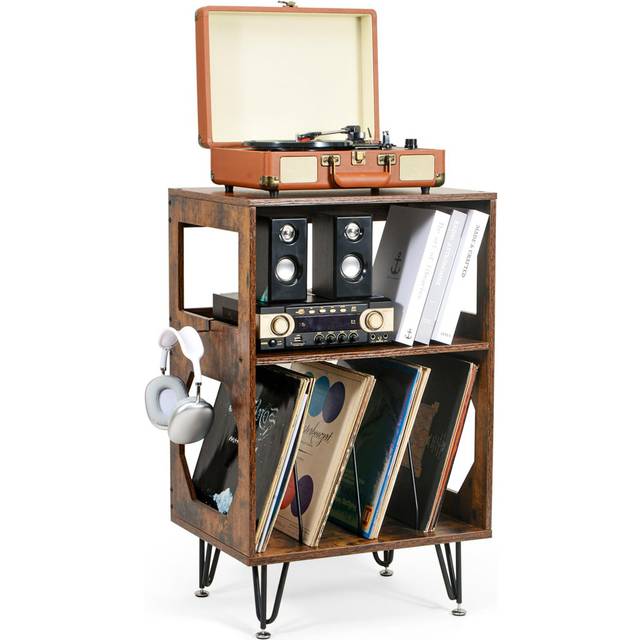 ikkle Rustic Record Player Stand, End Table with Record Storage, Vinyl Record Storage Cabinet Holder with Metal Legs, Turntable Stand Record Player
