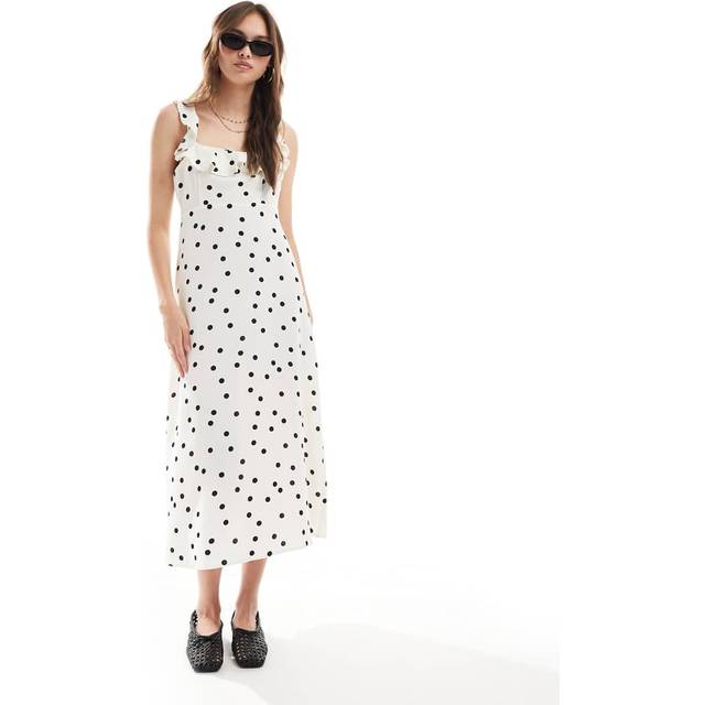 New Look Women's Cream Polka Dot Ruffle Trim Chiffon Midi Dress - UK 14