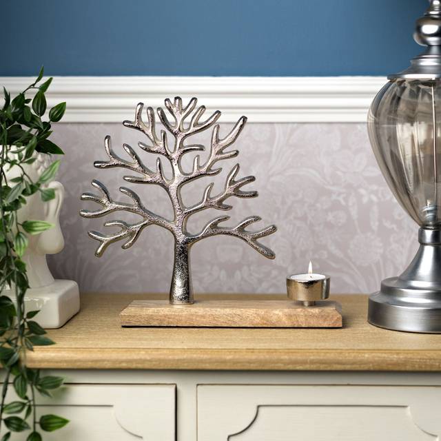Tree of Life Metal & Wood Tea Light Holder - Silver (25cm H X 28cm W X 6cm D)