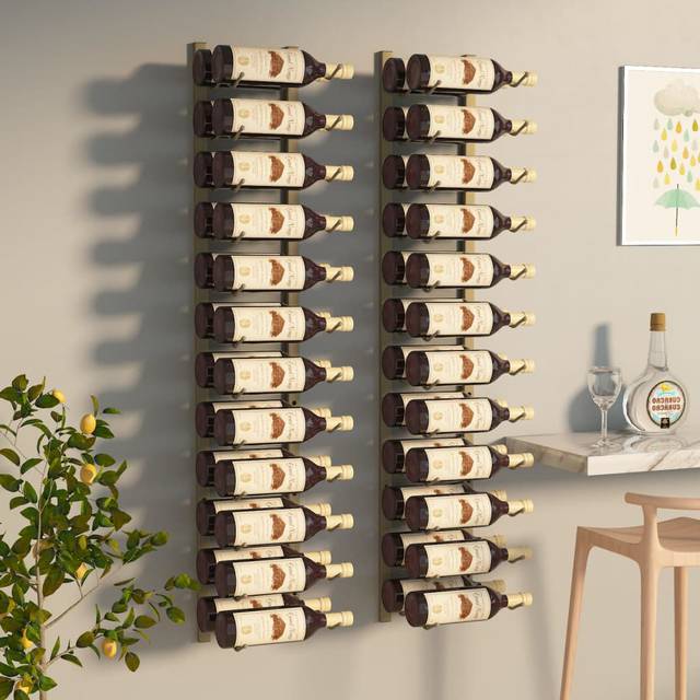 Belfry Kitchen Wall Mounted Wine Rack For 24 Bottles 2 Pcs Gold Iron (116cm H X 22.5cm W X 2.5cm D)