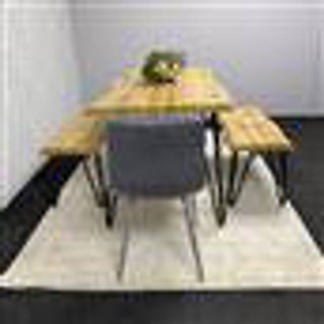 Wooden Dining Table with 2 Benches and 2 Grey Velvet Chairs (6)