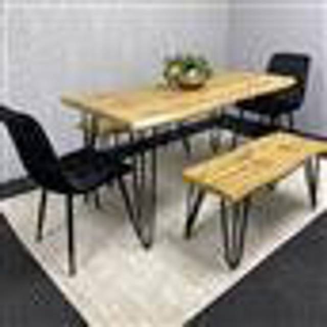Wooden Dining Table with 2 Benches and 2 Grey Velvet Chairs - Black (6)