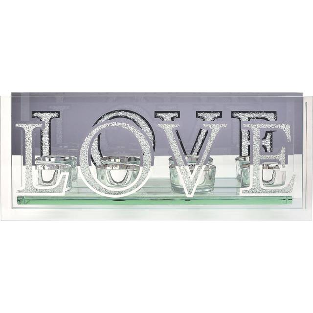 Mirror & Crystal Tea Light Holder Set Love - Silver (12cm H X 30cm W X 6cm D)
