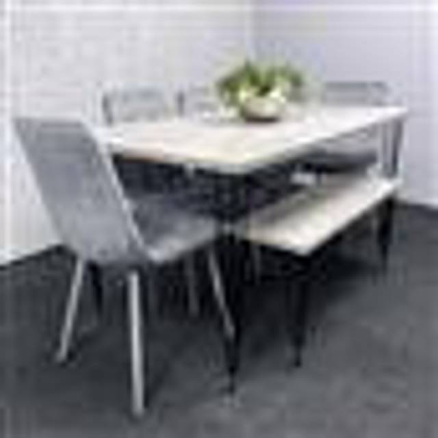 Grey Dining Table with Hairpin Legs, Bench & 4 Grey Velvet Chairs Set for Kitchen & Dining Room - Brown (6)