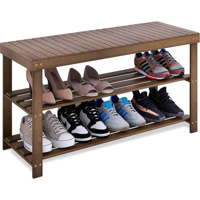 (86 x 28.5 x 45.5 cm, Walnut) Bamboo Shoe Rack Bench, 3-Tier Shoe Organizer Storage Shelf for Entryway Hallway Bathroom Living Room (Walnut)