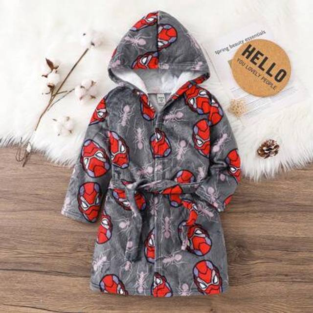 SHEIN Young Boy Superhero Print Double-Sided Flannel Flame Retardant Hooded Bathrobe For Autumn/Winter
