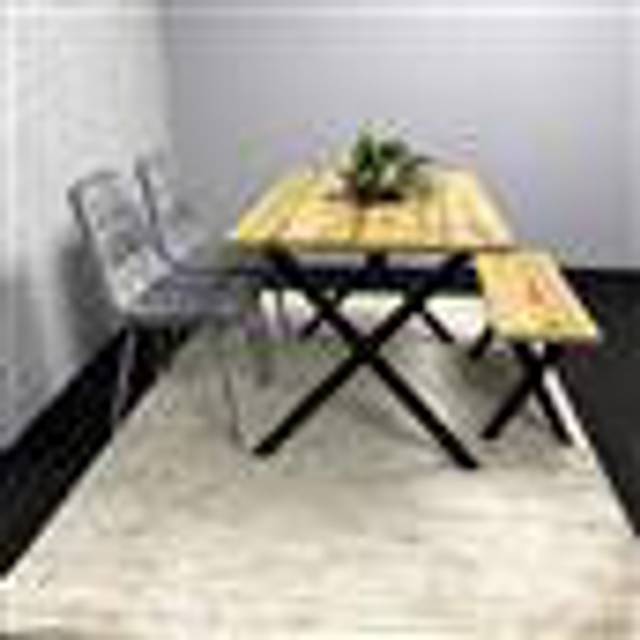 Brown Wooden Dining Table with 2 Grey Velvet Chairs and Bench - Dining Kitchen Room Furniture (6)