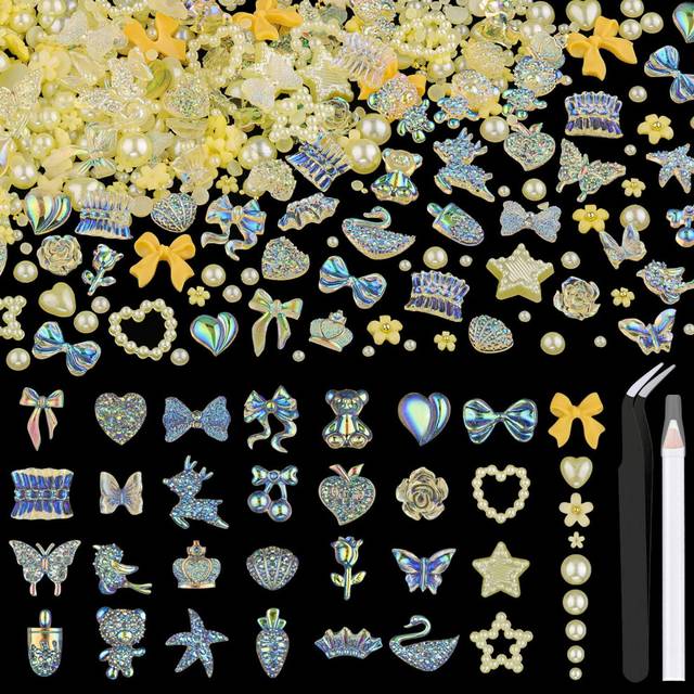 150 PCS 3D Nail Charms Butterfly Bow Star Heart Bear Shiny Jewels with 3D Flowers and Flat Pearls  Over 400 PCS Cute Charms in Total with Pickup Tools