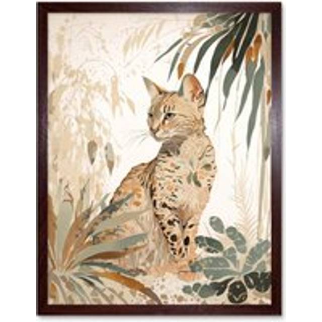 Wall Art Print Savannah Cat with Colourful Fur Pattern in Nature Modern Watercolour Art Framed - Brown - W12 inch x H16 inch