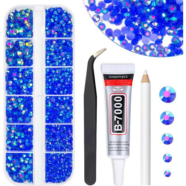 qiipii Royal Blue AB Resin Rhinestones w B7000 Jewelry Glue for Bedazzling Crafting 2mm 3mm 4mm 5mm 6mm Dark Blue Flatback Jelly Stones Diamonds Gems