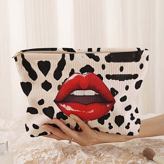 TEMU Leopard Print & Red Lips Pattern Cosmetic Bag - Polyester Makeup Pouch With Zipper, Chic Velvet-like Toiletry Organizer, Non, Lightweight & Lined Multifunctional Travel Case