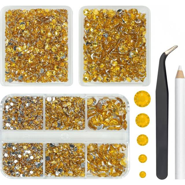 qiipii 3 Boxes 5070PCS Golden Yellow Resin Rhinestones Crystal Golden Resin Stones Crystals Diamonds 2mm 3mm 4mm 5mm 6mm Non-Hotfix Gems Charms for Na