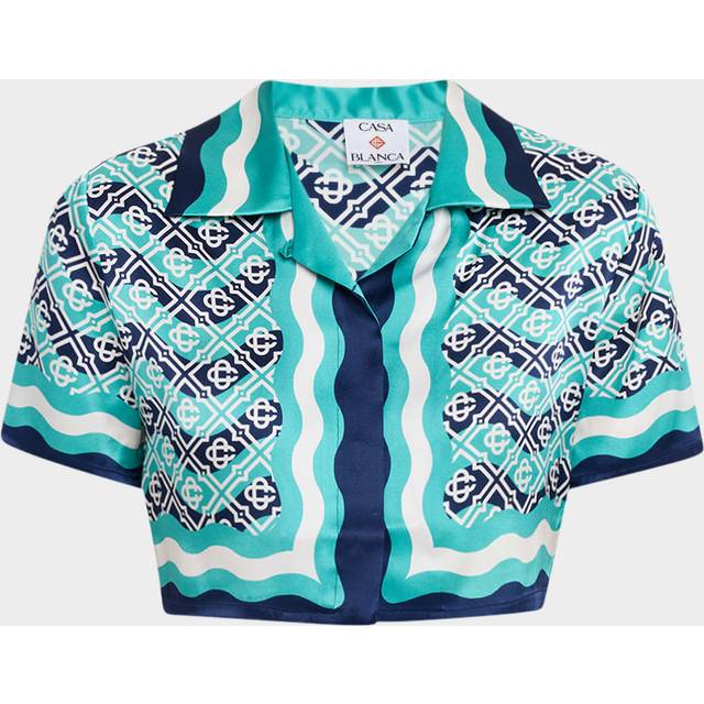 Wavy Monogram Print Silk Crop Camp Shirt - MONOGRAM - 38 FR (6 US)