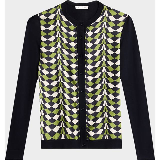 Geo-Print Silk Insert Crewneck Cardigan - FERN MULTI - X-Small