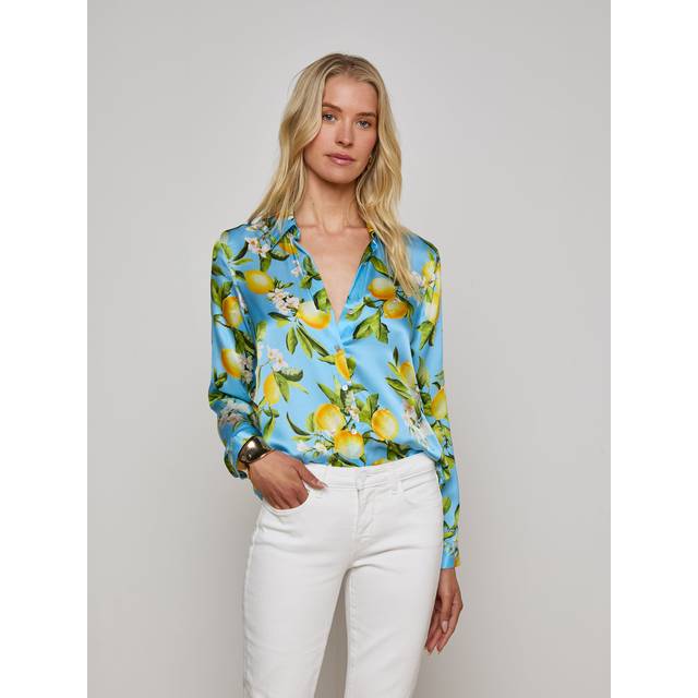 L'AGENCE Tyler Silk Blouse Top In Sky Blue/Yellow Floral Lemon