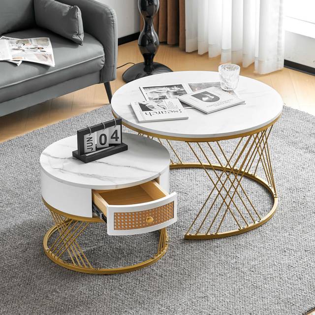 TEMU Btm White Two-piece Coffee Table Set With Rattan Drawers, Golden Accents And Marble-style Pvc Sticker Tabletop