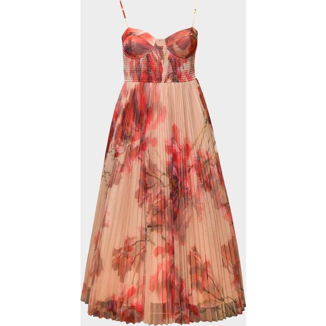 Brianna Pleated Floral-Print Bustier Gown - TAUPE/RED BREEZY WATERCOLOR BLOOM - X-Large
