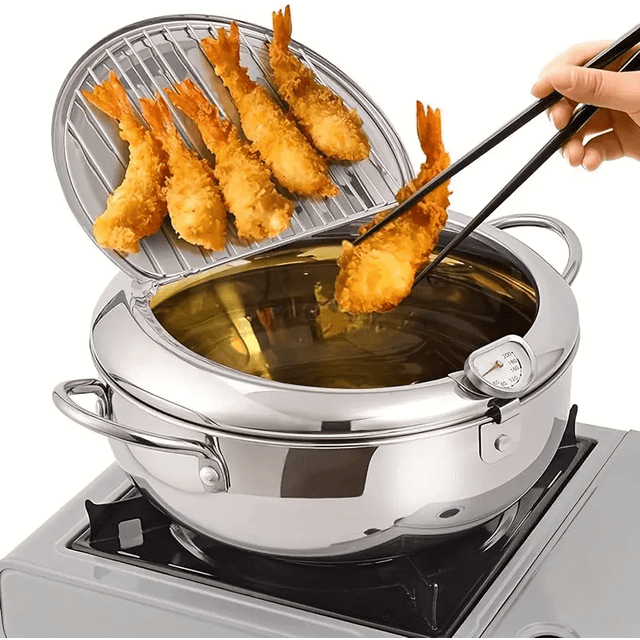 TEMU 1pc Premium Stainless Steel Deep Fryer With Built-in Thermometer - Ideal For Japanese , Beef , Sesame Fry Bags & Chicken Fillets - Heat Resistant, Rustproof & Easy To Clean, Deep Fryer Basket