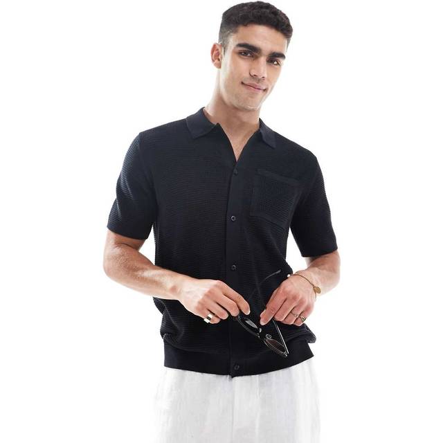 Mens River Island Black Regular Fit Short Sleeve Crochet Shirt