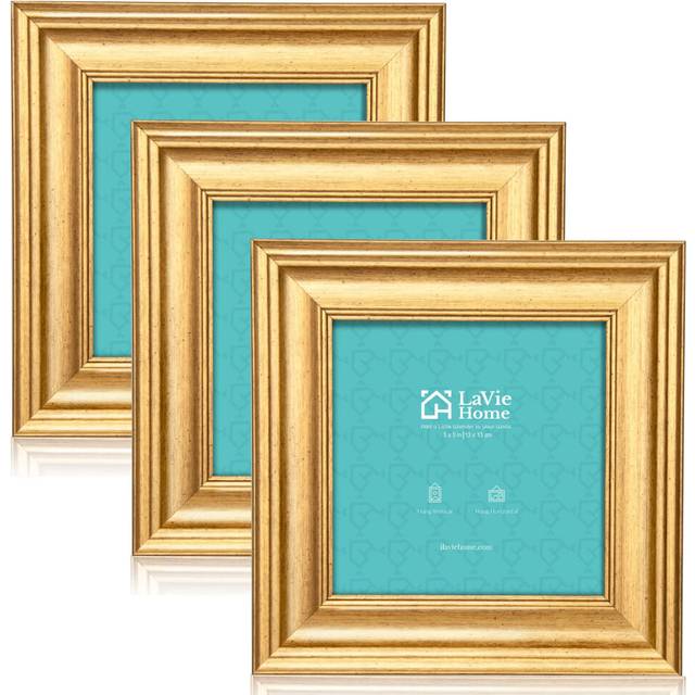 LaVie Home 5x5 Picture Frames (3 Pack  Gold) Square Photo Frame Set with High Definition Glass for Wall Mount & Table Top Display