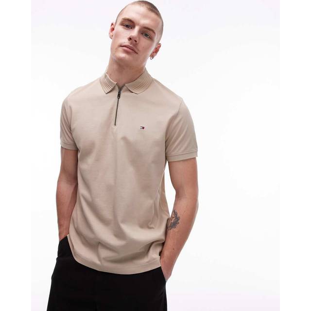 Tommy Hilfiger Regular Fit Mercerised Pique Zip Polo Shirt - Natural, Natural, Size Xl, Men - XL