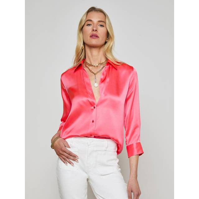 Dani Silk Satin 3/4-Sleeve Button-Down Blouse - POP CORAL - Medium