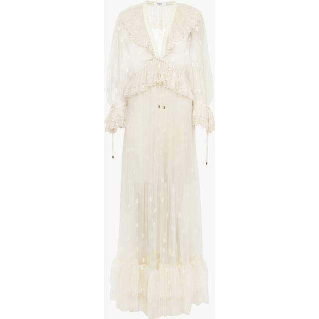 CHLOÉ Gathered V-neck long dress in embroidered lace White Size 10 100% Polyester, Pinctada Maxima, Farmed, COO Australia