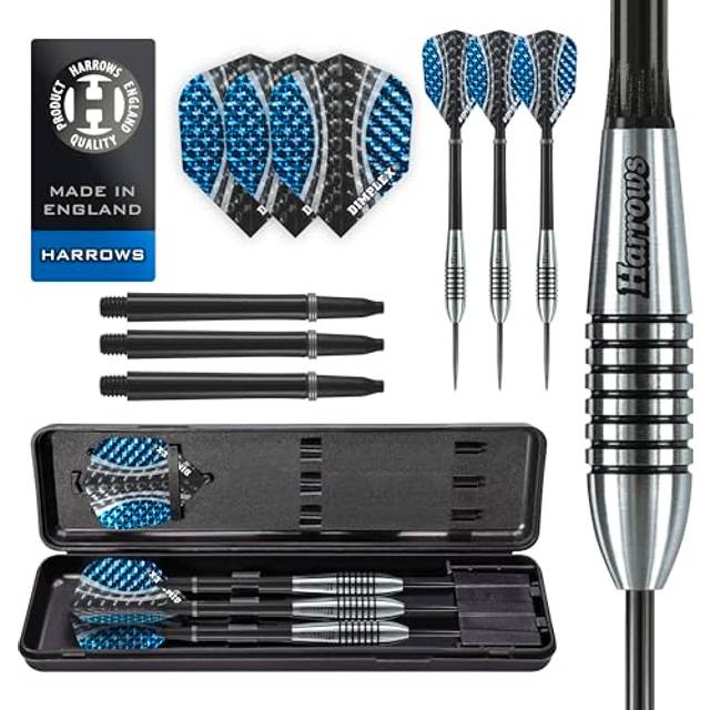 Harrows Bomber 85% Volframdartpilar | Stålspets dartset med bärväska | 21 g, 23 g, 25 g och 27 g | Inkluderar svarta nylonaxlar och 100 mikron Dimplex-flygningar