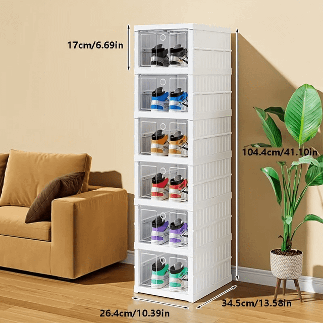 TEMU 6-tier Clear Plastic Shoe Rack With Front Door – Stackable Organizer For High Heels, Dress Shoes, And Athletic Sneakers – Easy Assembly, Space-saving Home Storage Solution (10.4x13.6x41.1 Inches)