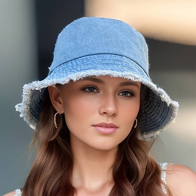 TEMU 1pc Spring/summer Collection Denim Blue Fisherman Hat, Wide Brim Sun Hat, Casual Outdoor Travel Basin Hat