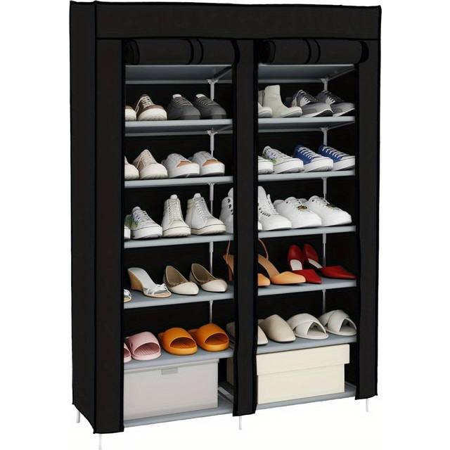 TEMU 7-tier Black Canvas Shoe Rack - Accommodates 28 Pairs, Dustproof Cover, Durable , Easy Assembly, Ideal For Entryway & Living Room Organization