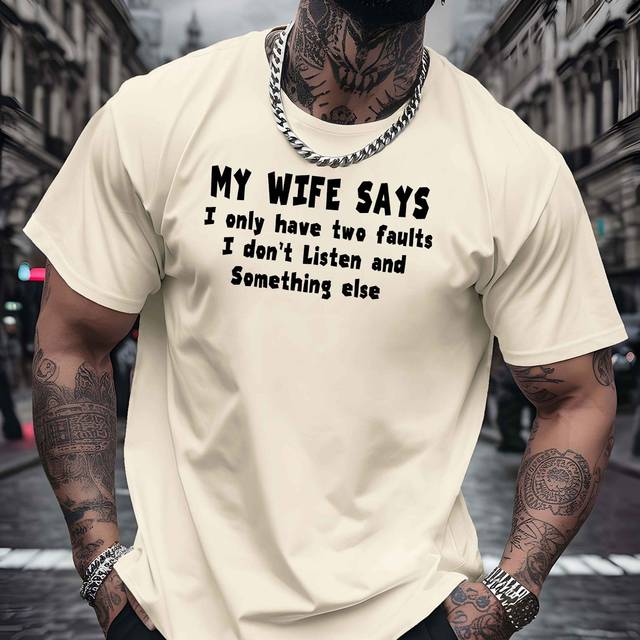 TEMU Men's Graphic T-shirt - "my Wife Says I Only Have 2 Faults" Print, Short-sleeved, Breathable Polyester , Casual Round Neck Top For Summer