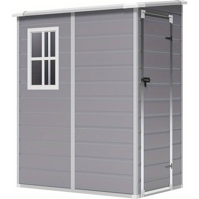 TEMU Plastic Garden Storage Shed 5x4ft, Small Storage Shed, Temporary, Not For Permanent Purposes, Removable, Outdoor Bike Shed With Lockable Door For Winter, Backyard, Patio, Garbage Bin, Tools, Grey