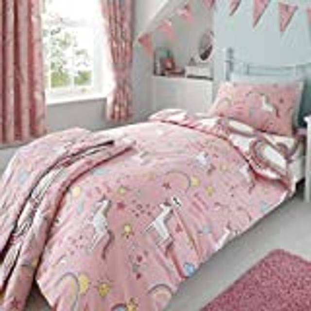 Happy Linen Company Set med rosa vändbara påslakan för enkelsäng med enhörningar och regnbågar för flickor och barn.