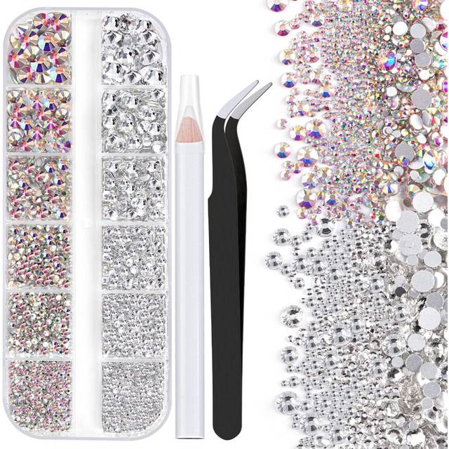 One Pack 2000 Pcs of Flatback Round AB Crystal+Transparent White Clear Rhinestones 6 Sizes (1.5-6 mm) with Nail Art Rhinestone Picker Pencil And Tweez