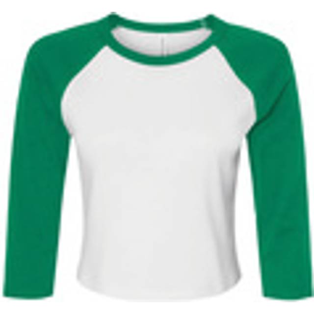 (XL, White/Kelly Green) Bella + Canvas Womens/Ladies Micro-Rib Raglan 3/4 Sleeve Crop T-Shirt