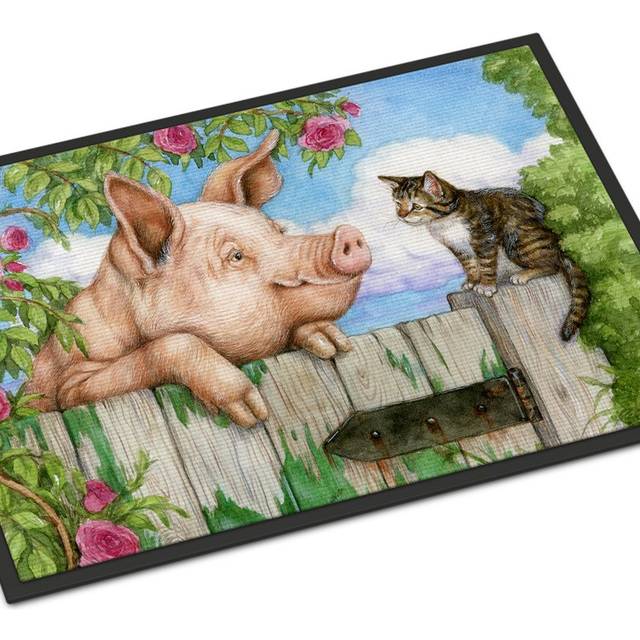 """""Caroline's Treasures Pig at the Gate with the Cat Indoor or Outdoor Mat 24x36 CDCO0349JMAT 24""""""""H x 36""""""""W Multicolor"""""