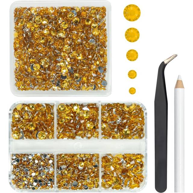 qiipii 2 Boxes 3060PCS Golden Yellow Resin Rhinestones Crystal Golden Resin Stones Crystals Diamonds 2mm 3mm 4mm 5mm 6mm Non-Hotfix Gems Charms for Na