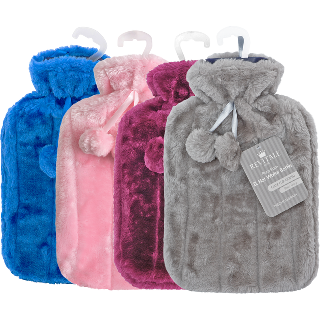Revitale natural rubber hot water bottle with cover cosy fur pom pom - 2 litre