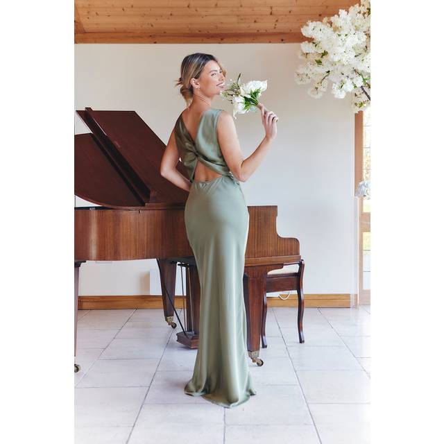 In The Style Olive Satin Twist Back Maxi Dress - 14