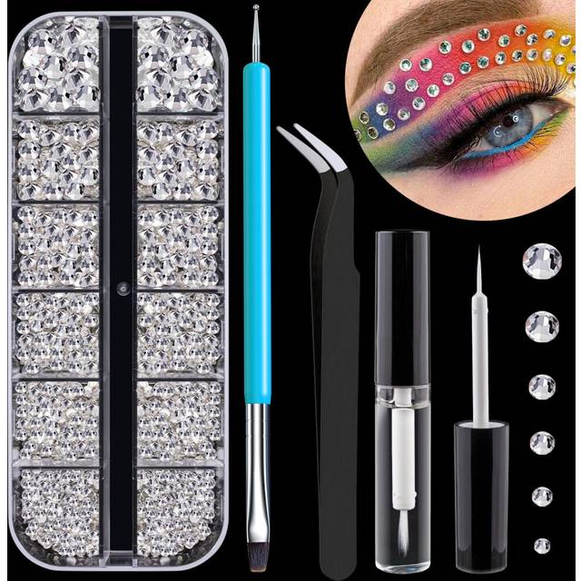 15-6mm Round Flatback Face gems Kit (clear) for Makeup with Quick Dry glue  Brush  Tweezer, Nail Art Rhinestones Transparent White glass crystal Bead