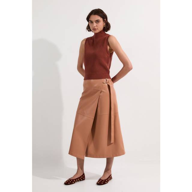 Petite Faux Leather Tie Detail Wrap Midi Skirt - Camel