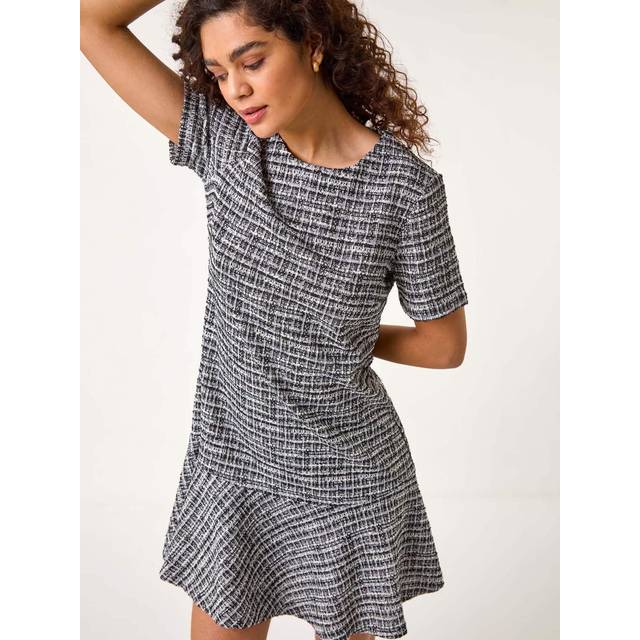 Textured Frill Hem Stretch Dress - Black - 12