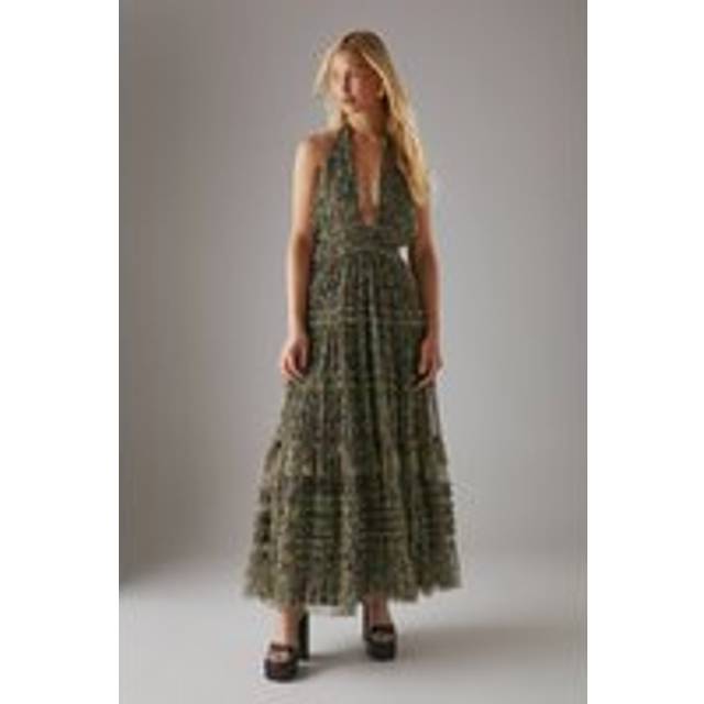 Womens Tulle Halter Shirred Waist Tier Maxi Dress - multi - Multi - 16