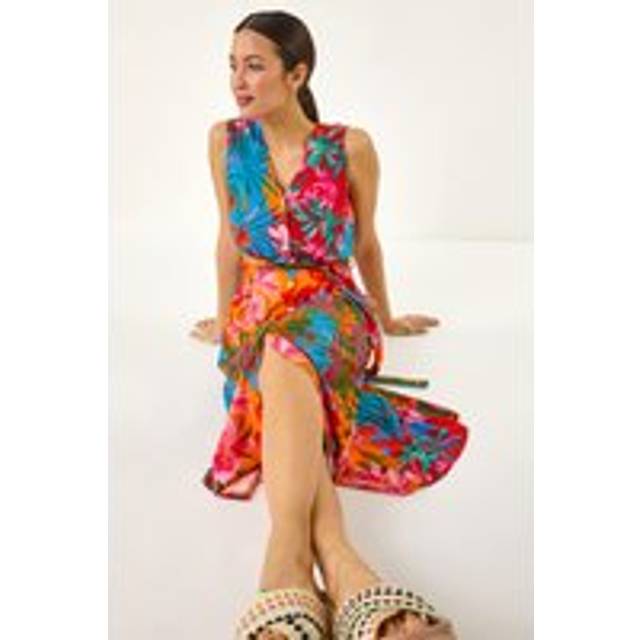 Roman Tropical Print Button Through Midi Dress In Orange - 10