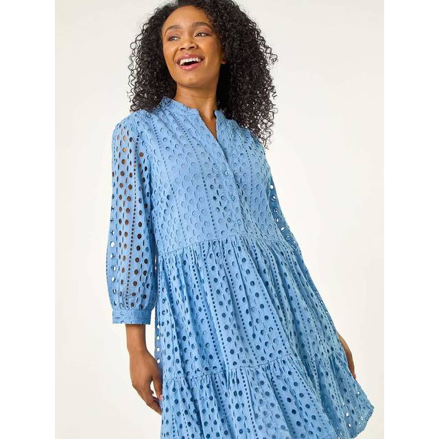 Roman Petite Blue Broderie Tiered Dress - Size 12