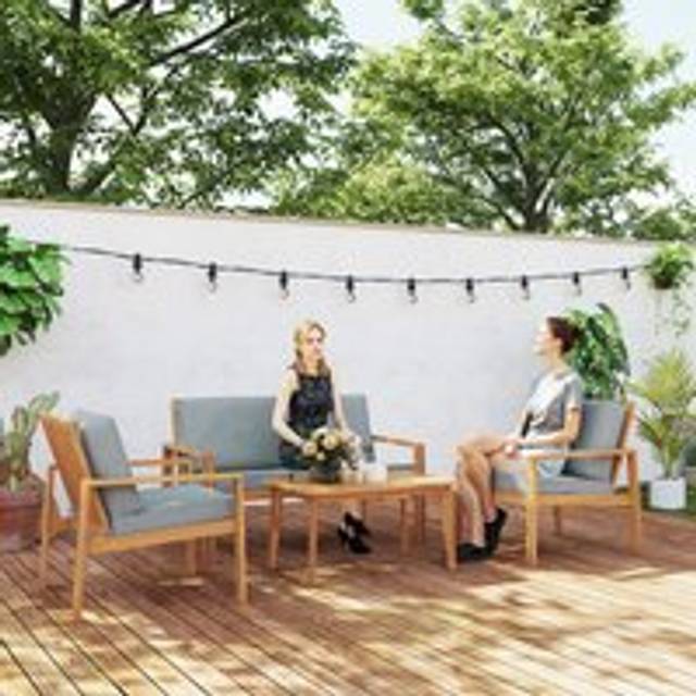 Outsunny 4 Pieces Wooden Garden Furniture Set with Cushions, Teak