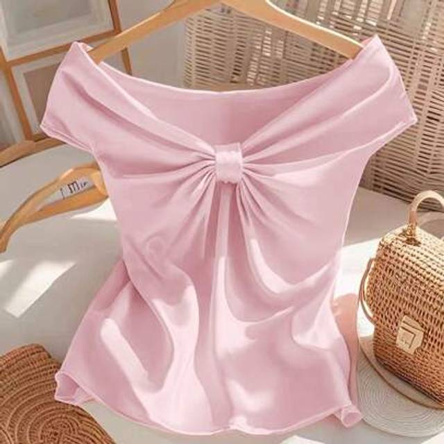 SHEIN Women&#39;s Elegant Off Shoulder Tie-Knot Solid Color T-Shirt, Summer