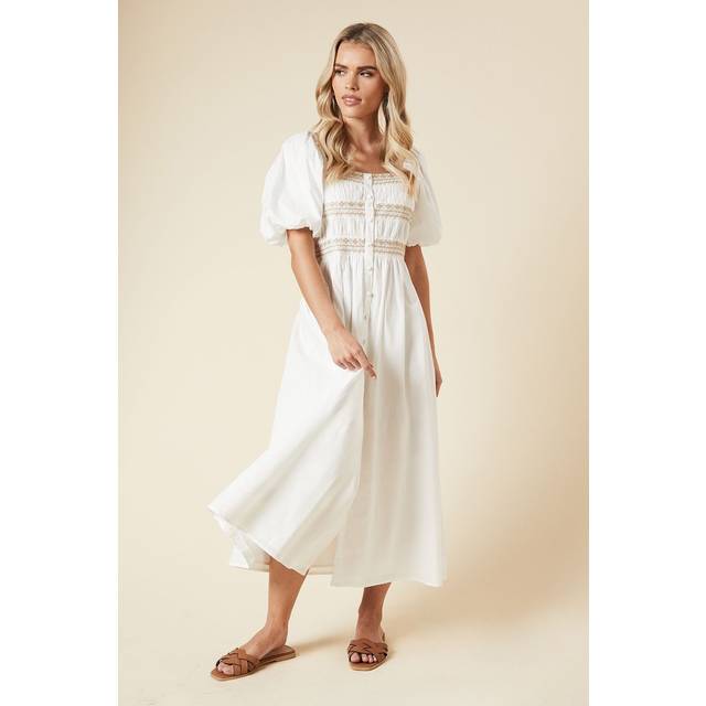 Womens Petite Embroidered Bust Button through Poplin Midi Dress - Rust - 6