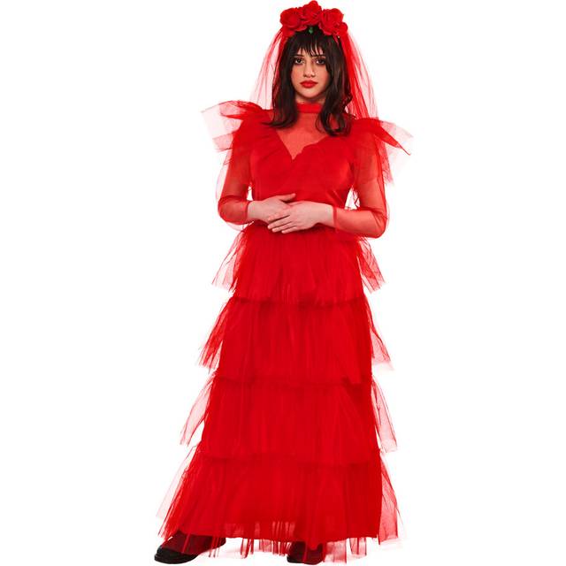 (M, Red) Beetlejuice Womens/Ladies Lydia Deetz Wedding Costume Dress